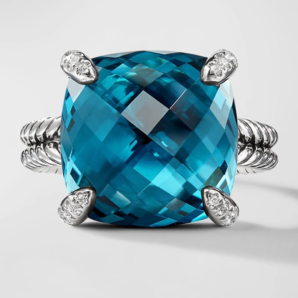 David Yurman Sterling Silver Ring with Teal Cushion-Cut Gemstone - Picture 4 of 6